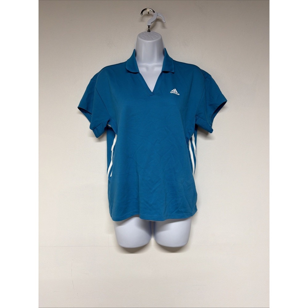 Adidas Womens Athletic Polo Shirt Blue Short Sleeve Primegreen Golf 3 Stripe S